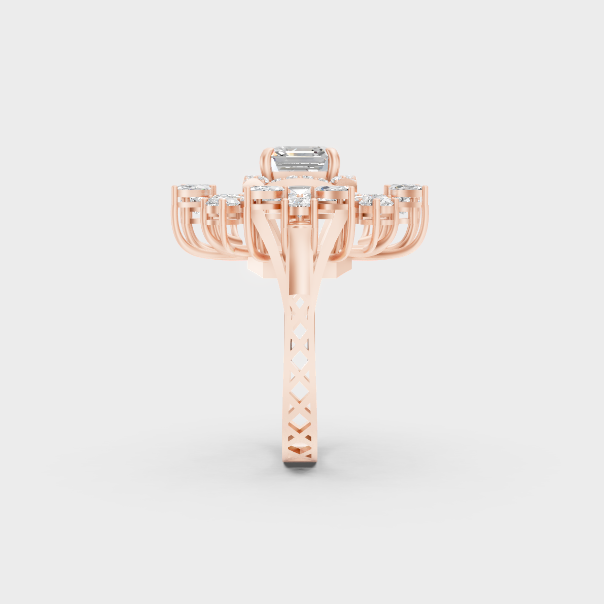 A Sustainable Lab-Created Diamond Statement Ring catching the light on a warm 18K Rose Gold Setting.