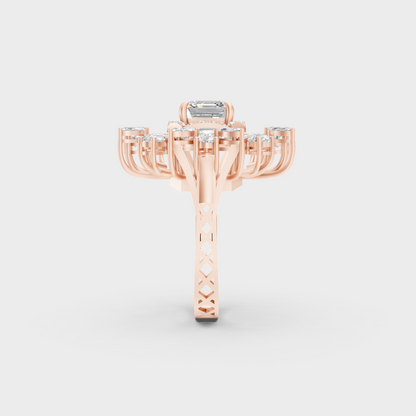 A Sustainable Lab-Created Diamond Statement Ring catching the light on a warm 18K Rose Gold Setting.