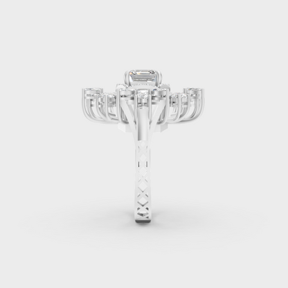 Exquisite prong details securing the Marquise Asscher Pear Round Cut Lab Diamonds on a polished 950 Platinum Band.