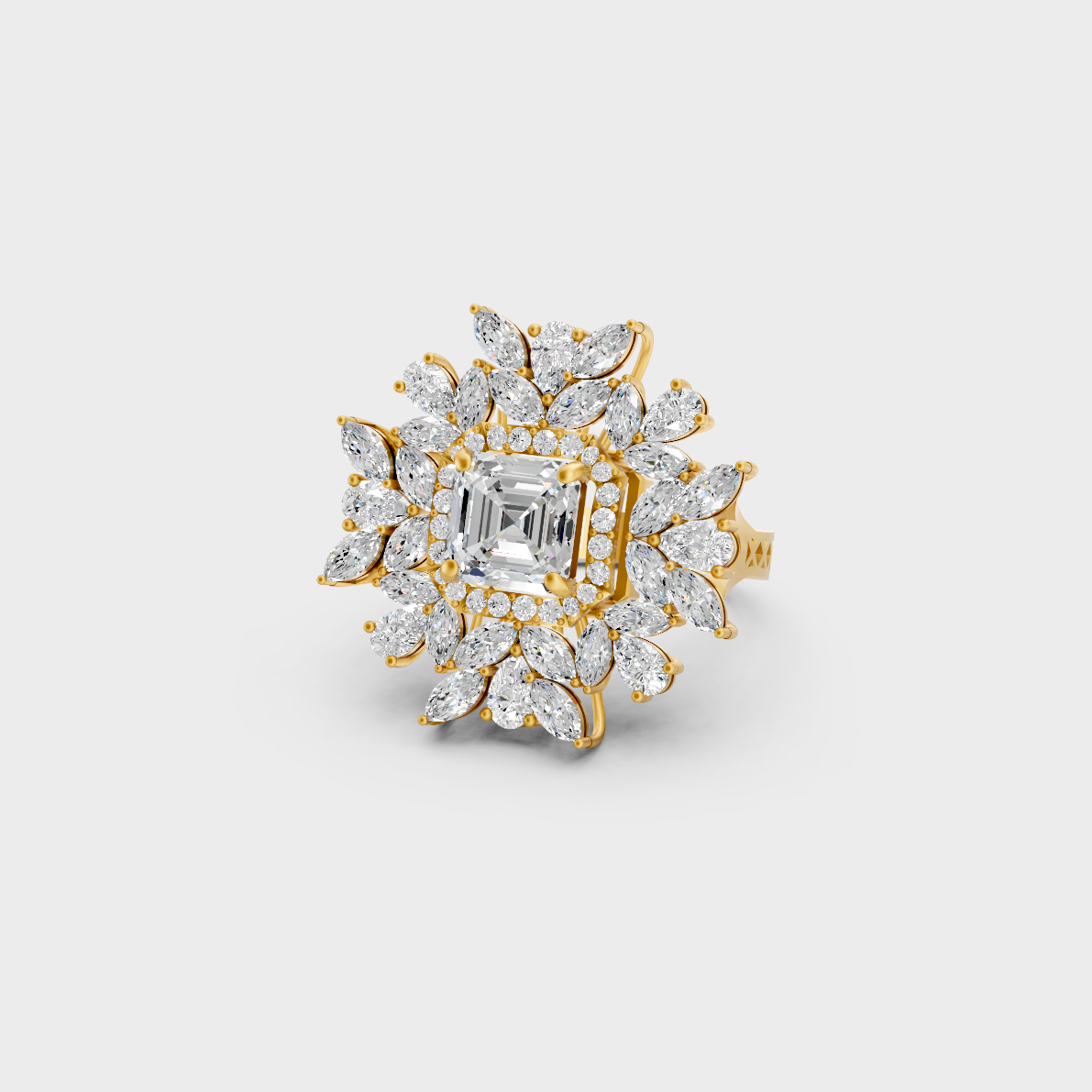 Close-up view of a 3.47 Carat Multishape Lab-Grown Diamond Cocktail Ring beautifully set in 14K Yellow Gold.