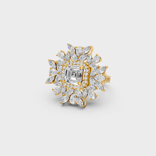 Close-up view of a 3.47 Carat Multishape Lab-Grown Diamond Cocktail Ring beautifully set in 14K Yellow Gold.