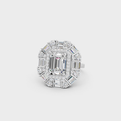 Breathtaking brilliance of a 4.48 Carat Emerald, Round, and Baguette Cut Lab-Grown Diamond Cocktail Ring in solid 950 Platinum.