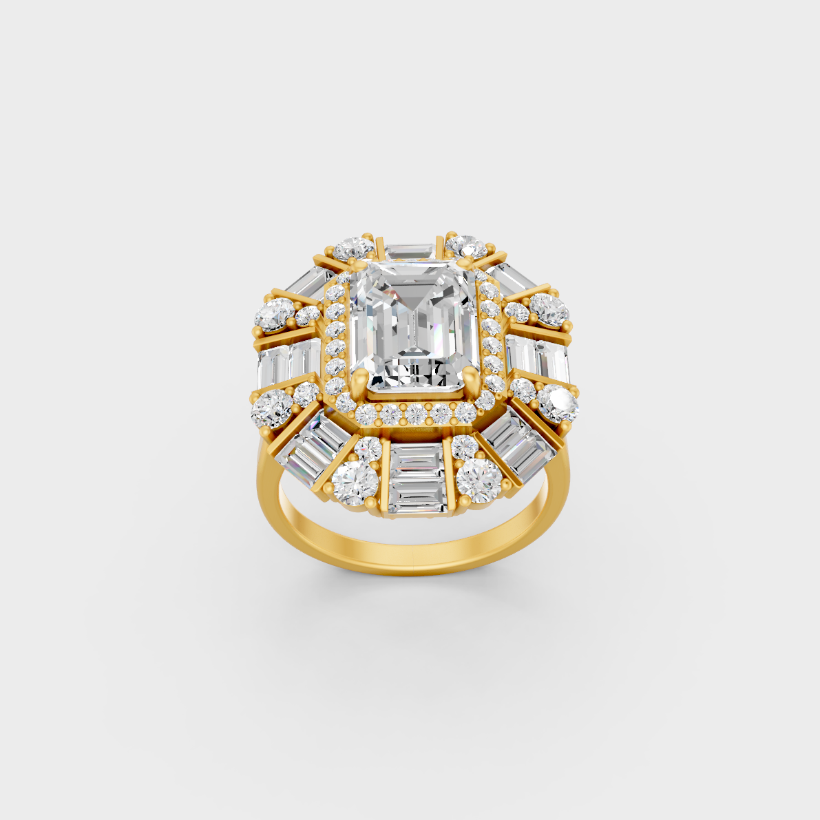 Side profile of an Ethical Luxury Statement Ring showcasing Emerald, Round, and Baguette Lab Diamonds on an 18K Yellow Gold Band.