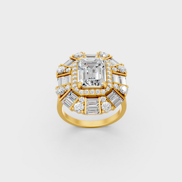 Side profile of an Ethical Luxury Statement Ring showcasing Emerald, Round, and Baguette Lab Diamonds on an 18K Yellow Gold Band.