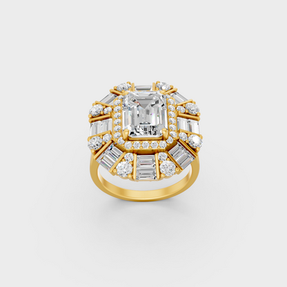 Side profile of an Ethical Luxury Statement Ring showcasing Emerald, Round, and Baguette Lab Diamonds on an 18K Yellow Gold Band.