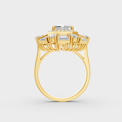 Top-down macro photo of a Sustainable 4.48 Carat Multi-Shape Diamond Ring set in classic 18K Yellow Gold.