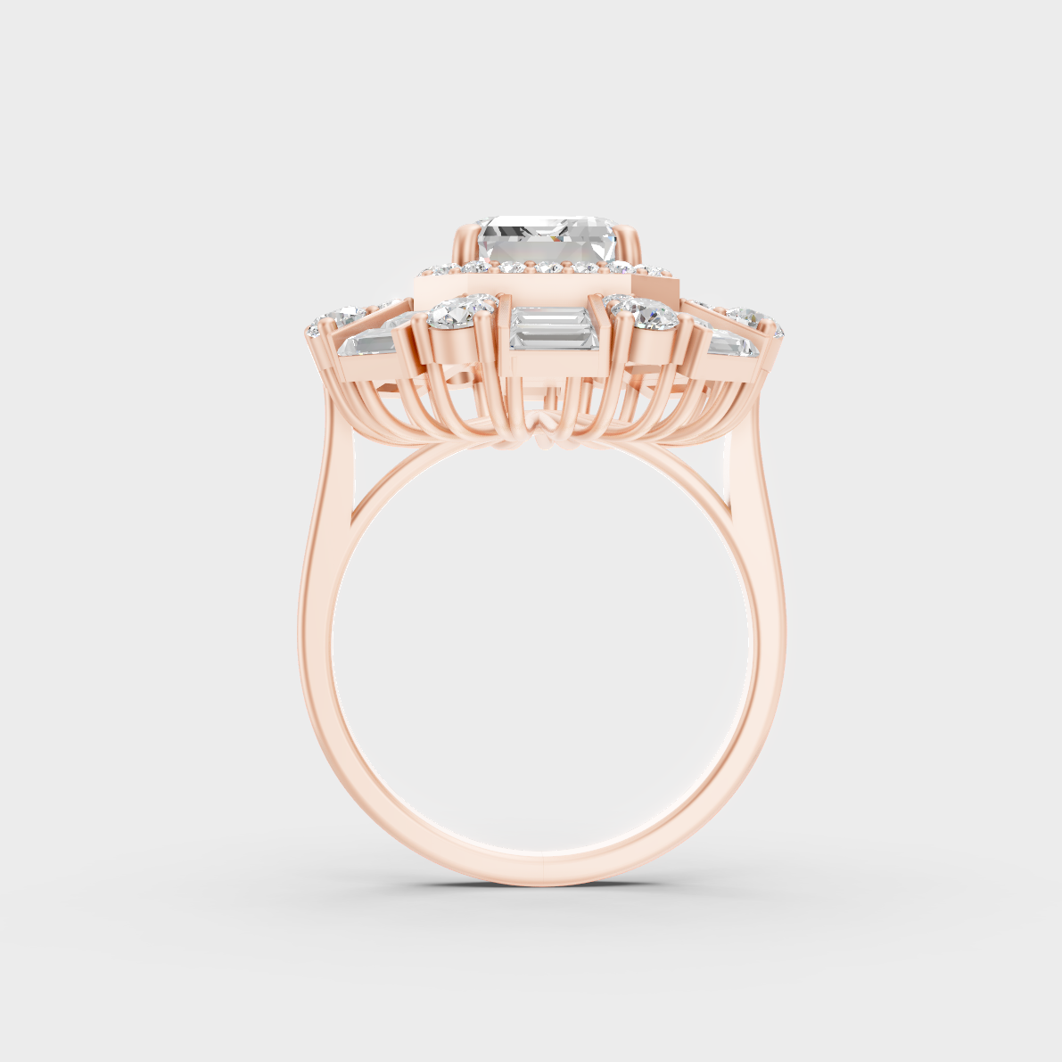 A Sustainable Lab-Created Diamond Statement Ring catching the light on a warm 18K Rose Gold Band.