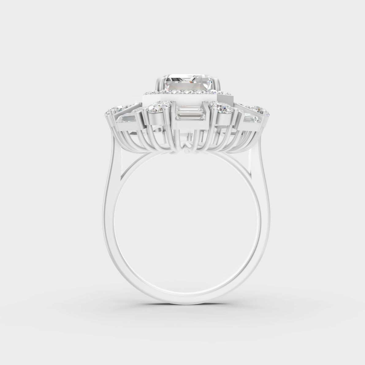 Exquisite prong details securing the Emerald, Round, and Baguette Cut Lab Diamonds on a polished 950 Platinum Band.