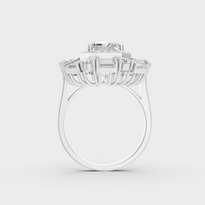 Exquisite prong details securing the Emerald, Round, and Baguette Cut Lab Diamonds on a polished 950 Platinum Band.