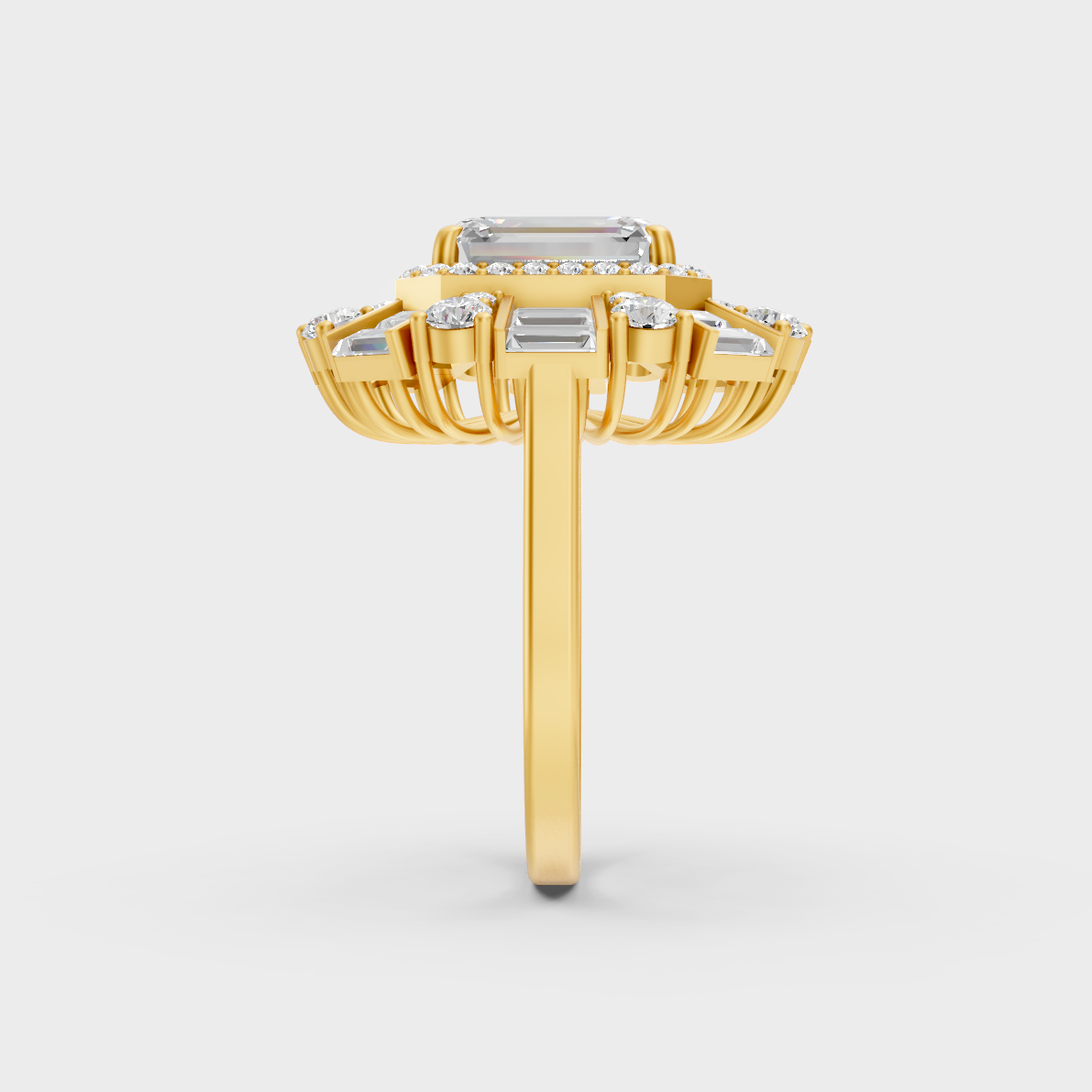 On-model hand wearing a 4.48ct Emerald, Round, and Baguette Diamond Cocktail Ring displaying its Brilliant Sparkle in 9K Yellow Gold.