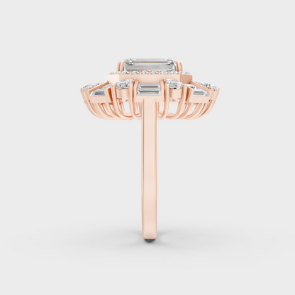 Top-down studio shot displaying the immense Brilliant Sparkle of a 4.48ct Emerald, Round, and Baguette Diamond Ring in 9K Rose Gold.
