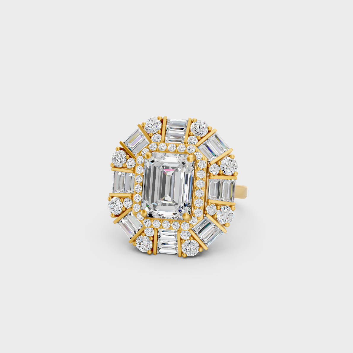Close-up view of a 4.48 Carat Emerald, Round, and Baguette Cut Lab-Grown Diamond Cocktail Ring in 14K Yellow Gold.