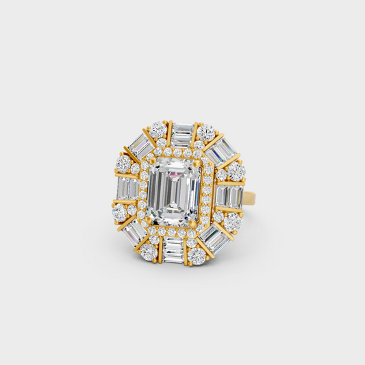 Close-up view of a 4.48 Carat Emerald, Round, and Baguette Cut Lab-Grown Diamond Cocktail Ring in 14K Yellow Gold.