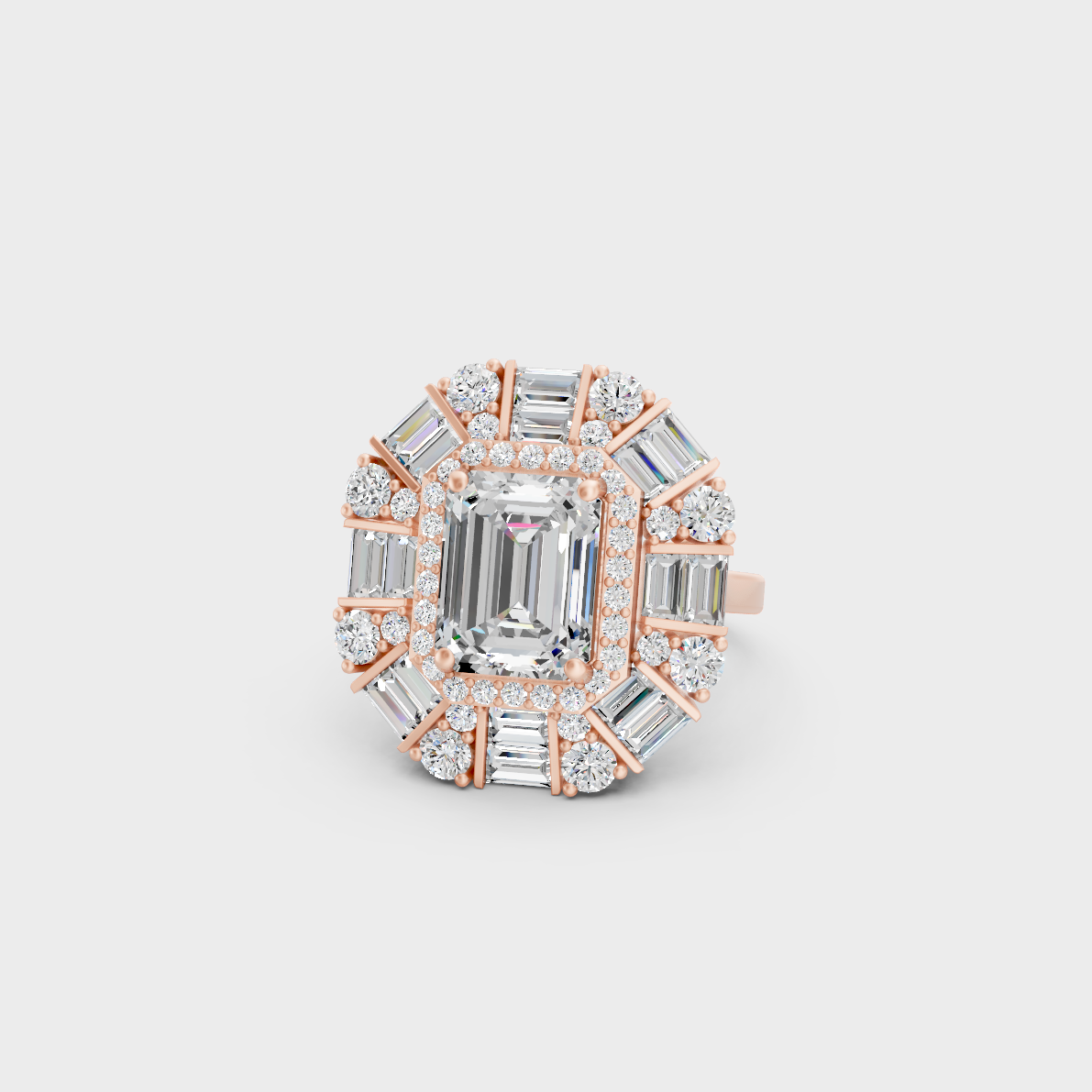 A romantic profile of the 4.48 Carat Emerald, Round, and Baguette Cut Lab-Grown Diamond Cocktail Ring in blush 14K Rose Gold.