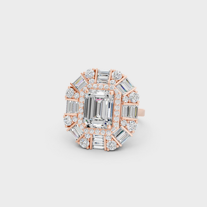 A romantic profile of the 4.48 Carat Emerald, Round, and Baguette Cut Lab-Grown Diamond Cocktail Ring in blush 14K Rose Gold.