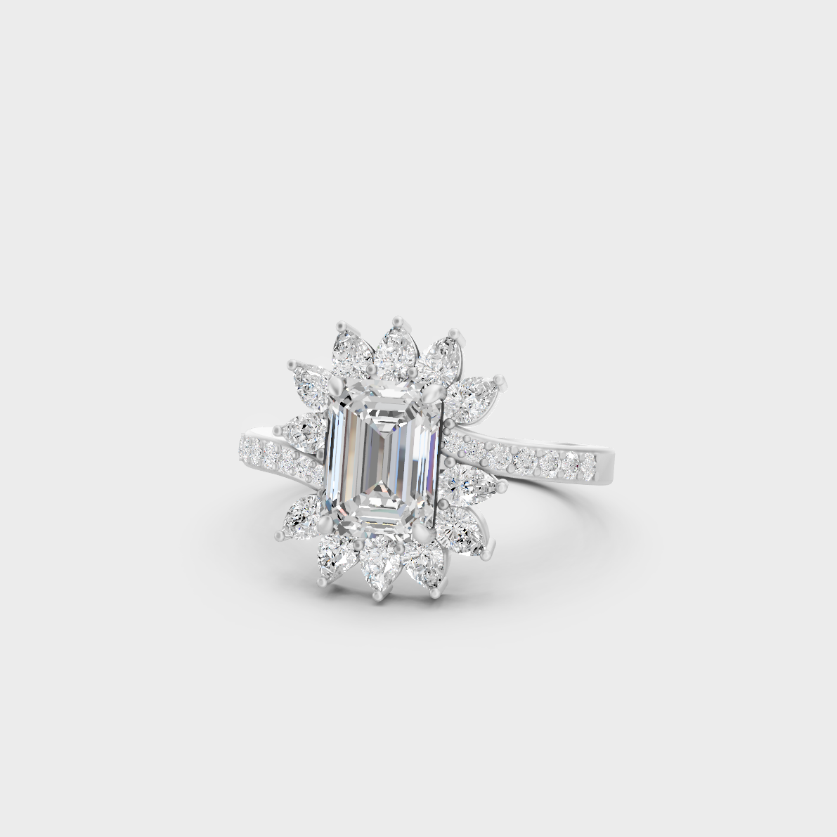 Breathtaking brilliance of a 2.13 Carat Emerald, Round, and Pear Cut Lab-Grown Diamond Cocktail Ring in solid 950 Platinum.