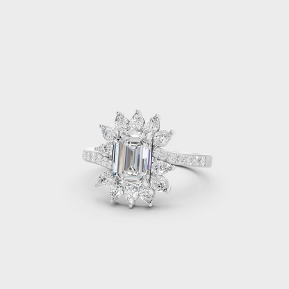 Breathtaking brilliance of a 2.13 Carat Emerald, Round, and Pear Cut Lab-Grown Diamond Cocktail Ring in solid 950 Platinum.