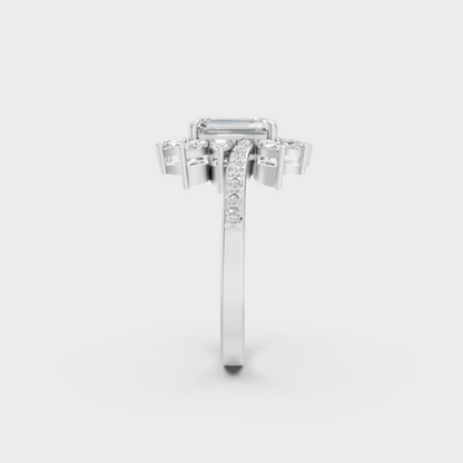 Exquisite prong details securing the Emerald, Round, and Pear Cut Lab Diamonds on a polished 950 Platinum Band.