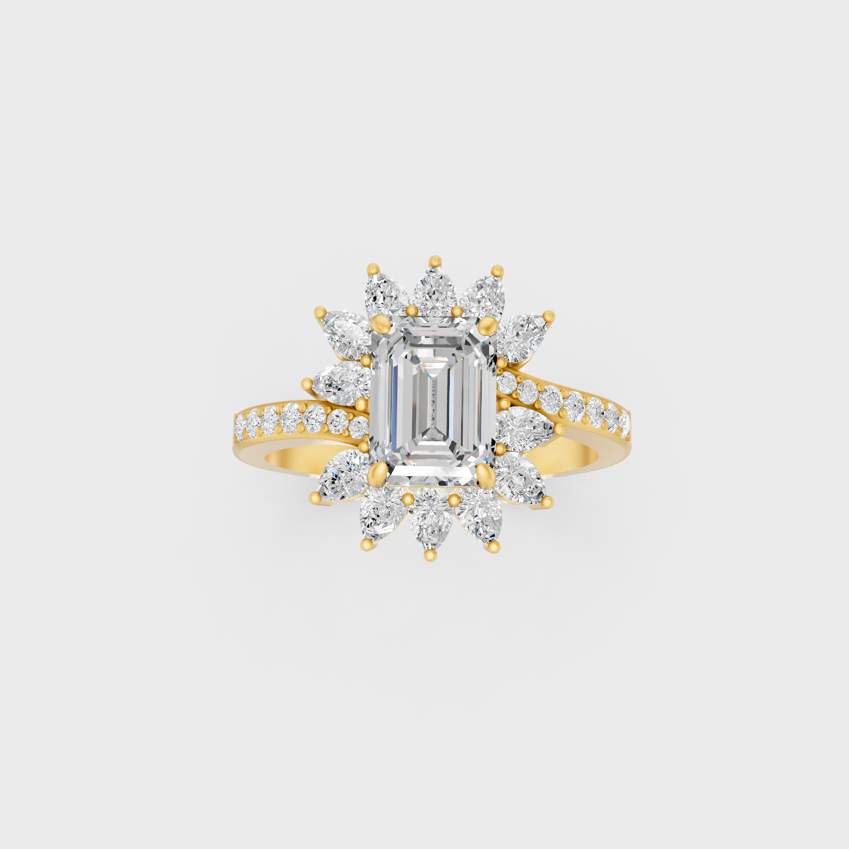 Side profile of an Ethical Luxury Statement Ring showcasing Emerald, Round, and Pear Lab Diamonds on an 18K Yellow Gold Band.