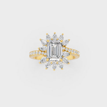 Side profile of an Ethical Luxury Statement Ring showcasing Emerald, Round, and Pear Lab Diamonds on an 18K Yellow Gold Band.
