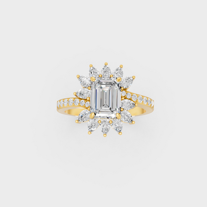 Side profile of an Ethical Luxury Statement Ring showcasing Emerald, Round, and Pear Lab Diamonds on an 18K Yellow Gold Band.