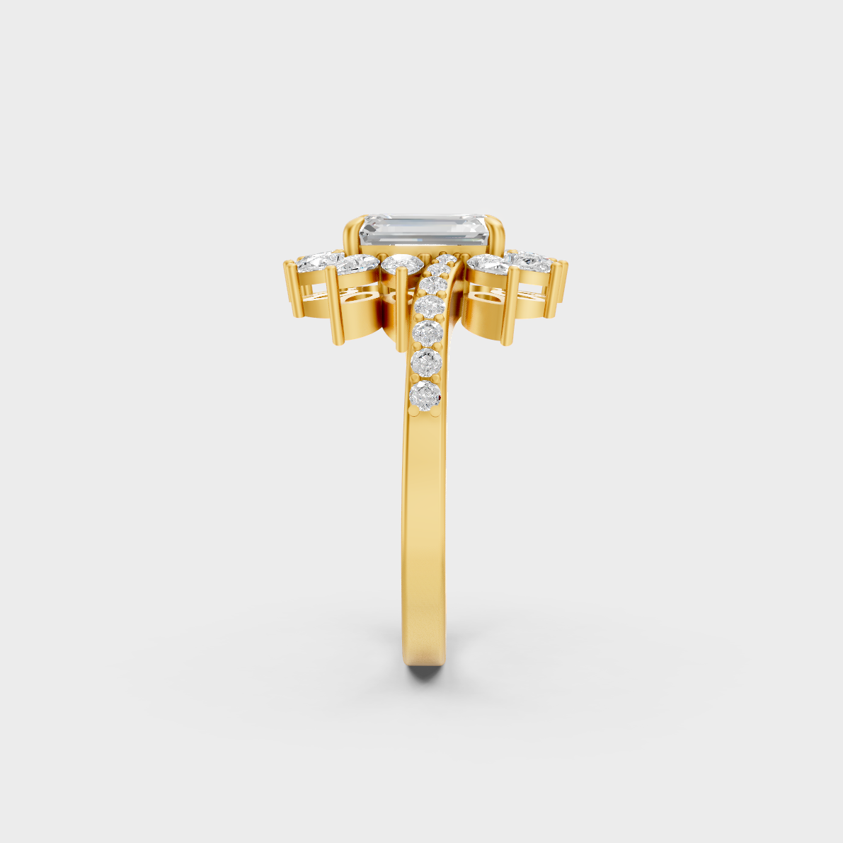Top-down macro photo of a Sustainable 2.13 Carat Multi-Shape Diamond Ring set in classic 18K Yellow Gold.