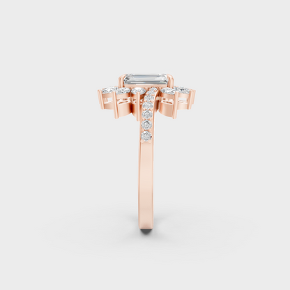 A Sustainable Lab-Created Diamond Statement Ring catching the light on a warm 18K Rose Gold Band.