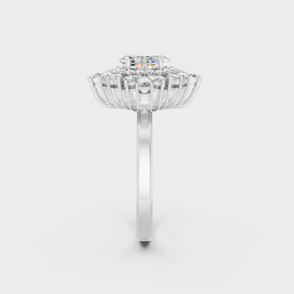 Exquisite prong details securing the Oval, Round, and Pear Cut Lab Diamonds on a polished 950 Platinum Band.