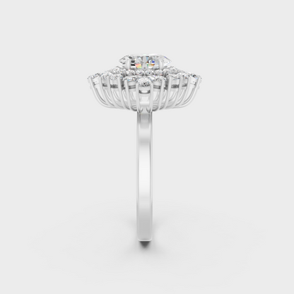 Exquisite prong details securing the Oval, Round, and Pear Cut Lab Diamonds on a polished 950 Platinum Band.