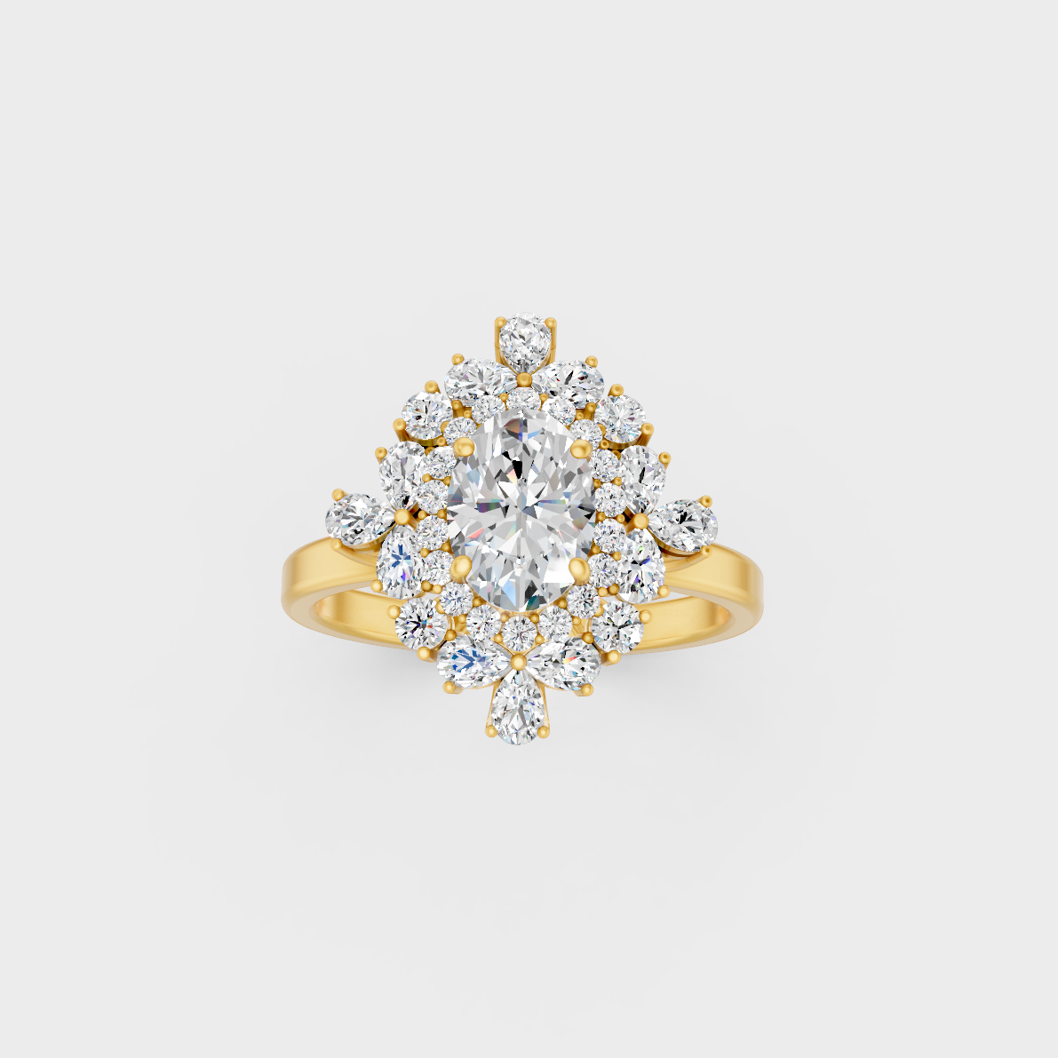 Side profile view of an Ethical Luxury Statement Ring displaying an Oval, Round, and Pear Cut Lab Diamond on an 18K Yellow Gold Band.