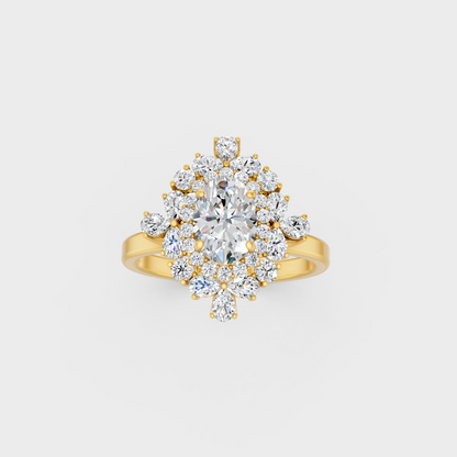 Side profile view of an Ethical Luxury Statement Ring displaying an Oval, Round, and Pear Cut Lab Diamond on an 18K Yellow Gold Band.