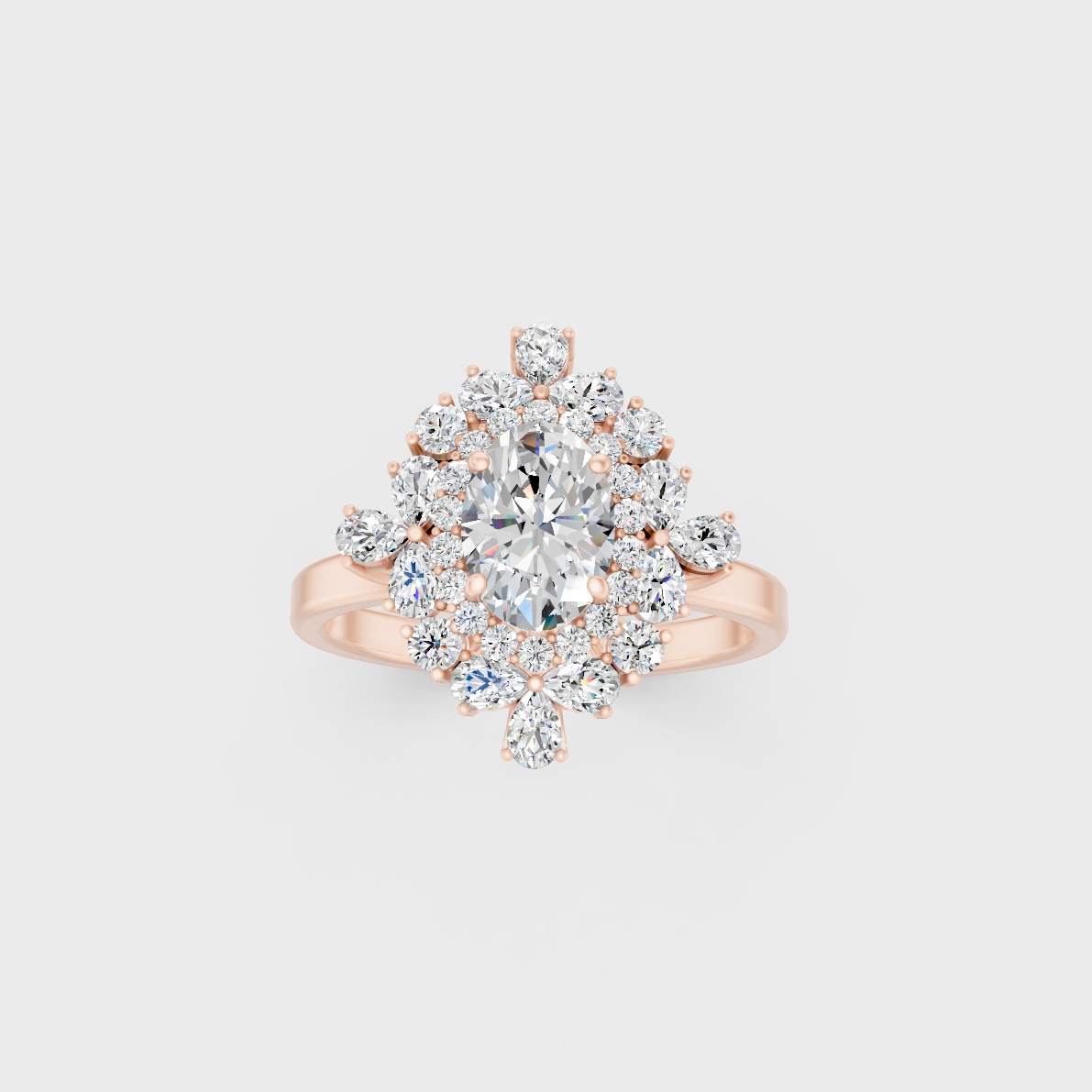Stunning cluster of Oval, Round, and Pear Cut Diamonds exuding Ethical Luxury on an 18K Rose Gold Band.