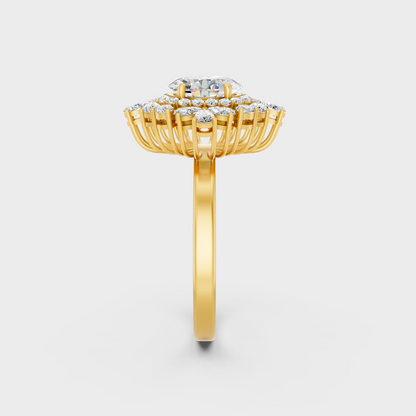 Top-down macro photo of an Ethical Luxury Mixed Shape Diamond Ring cast in classic 18K Yellow Gold.