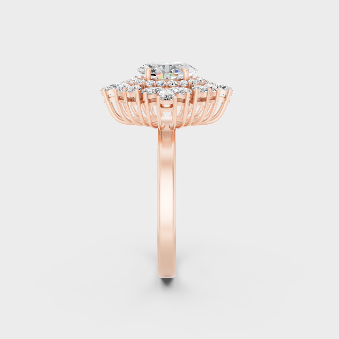 A Sustainable Lab-Created Diamond Statement Ring catching the light on a warm 18K Rose Gold Setting.