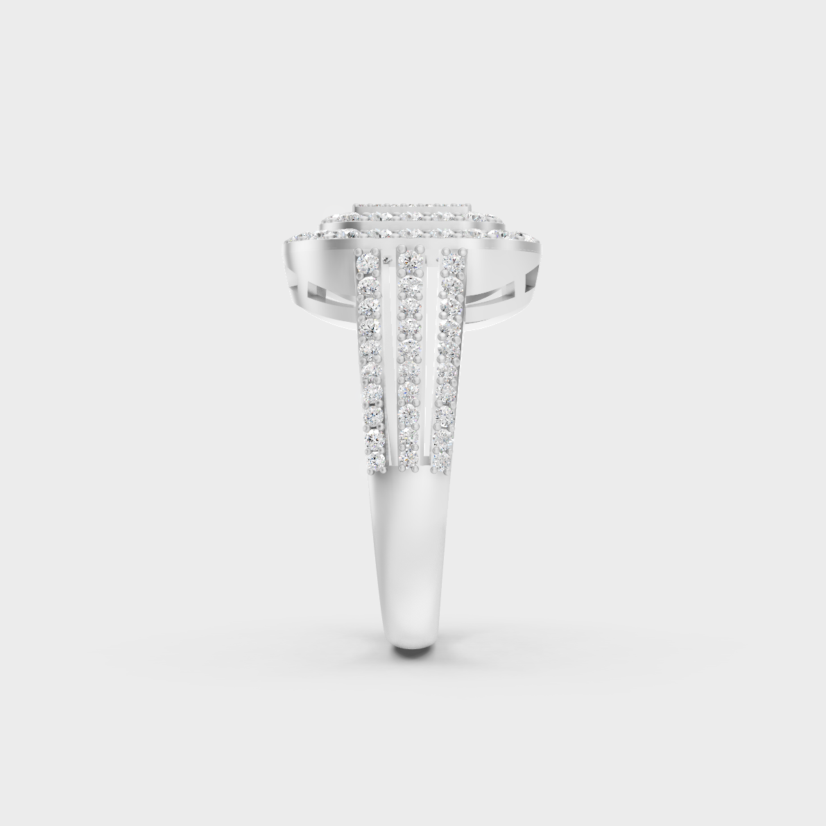 Exquisite prong details securing a sparkling Round Cut Lab Diamond on a polished 950 Platinum Band.