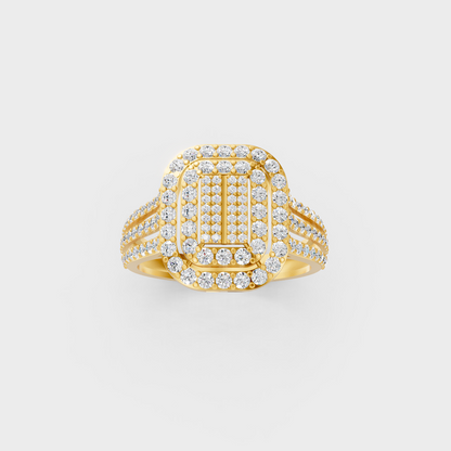 Side profile of an Ethical Luxury Statement Ring showcasing a Round Brilliant Lab Diamond on an 18K Yellow Gold Band.