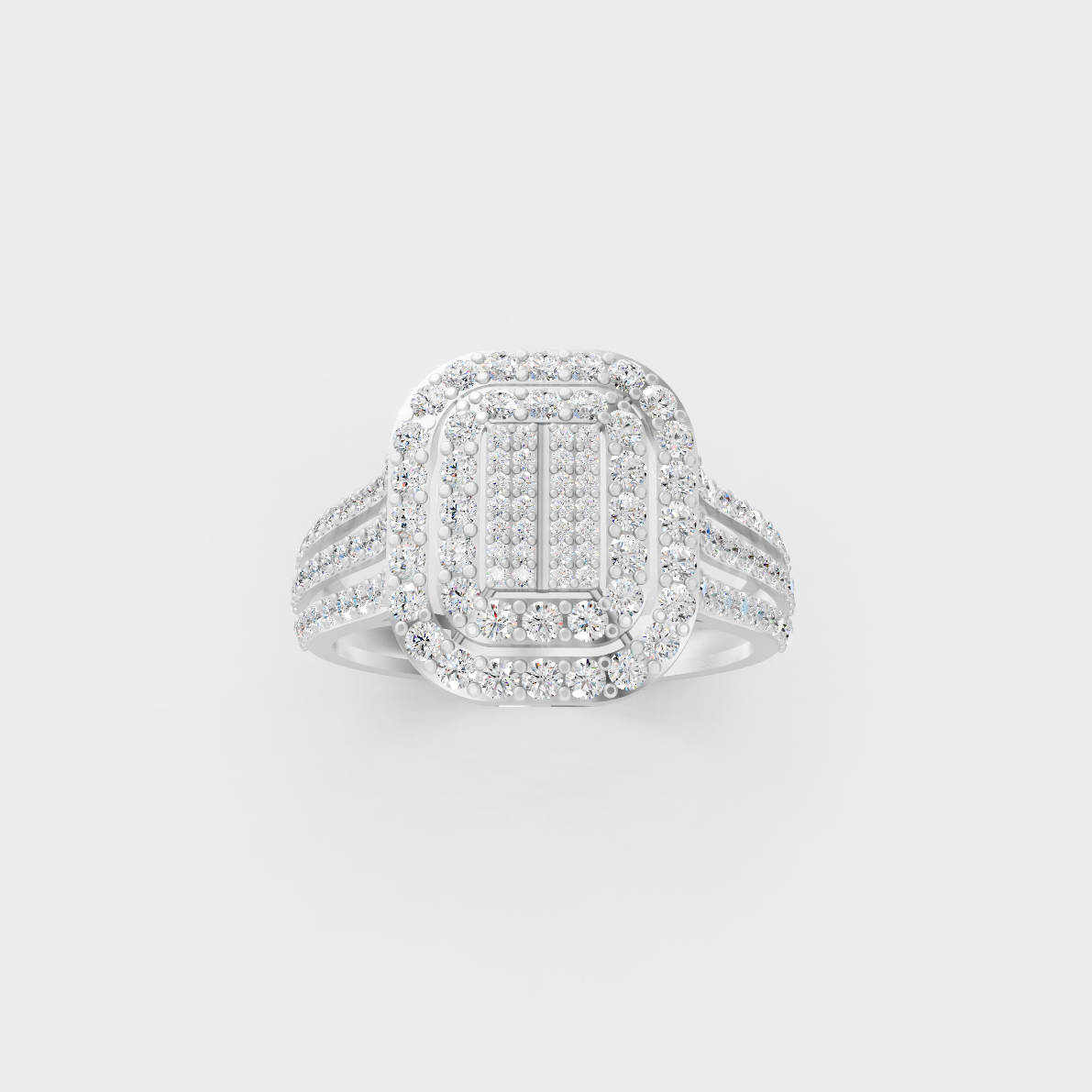 Front view of an Ethical Luxury Statement Ring with a Round Brilliant Diamond secured in 14K White Gold.