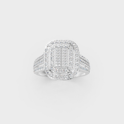 Front view of an Ethical Luxury Statement Ring with a Round Brilliant Diamond secured in 14K White Gold.