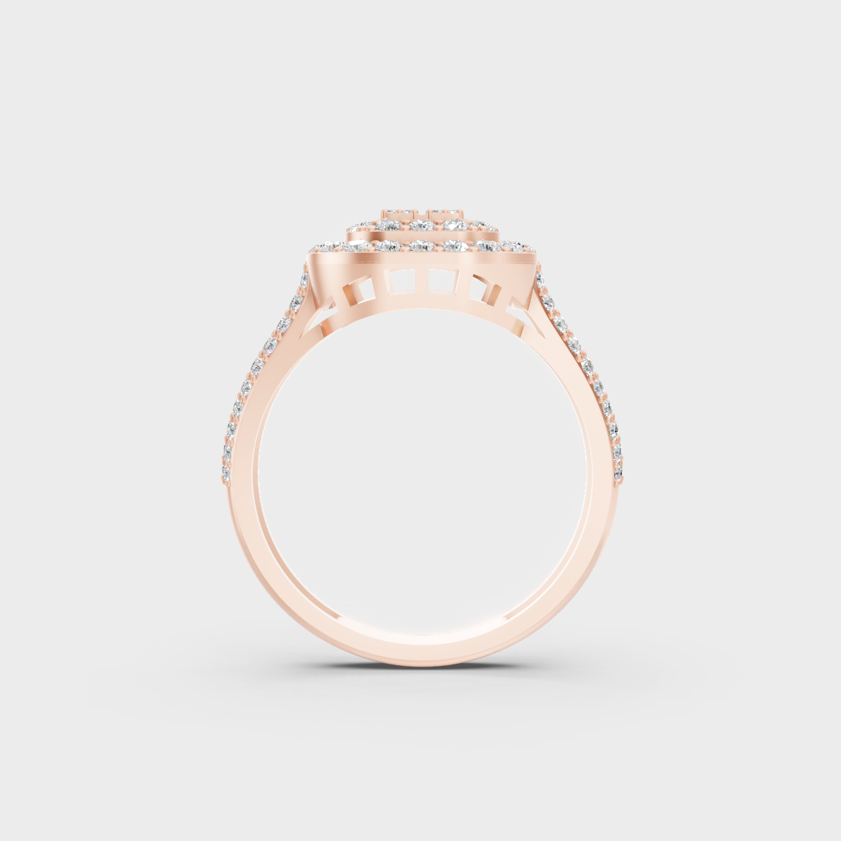 Top-down studio shot displaying the immense Brilliant Sparkle of a 0.72ct Round Diamond Ring in 9K Rose Gold.