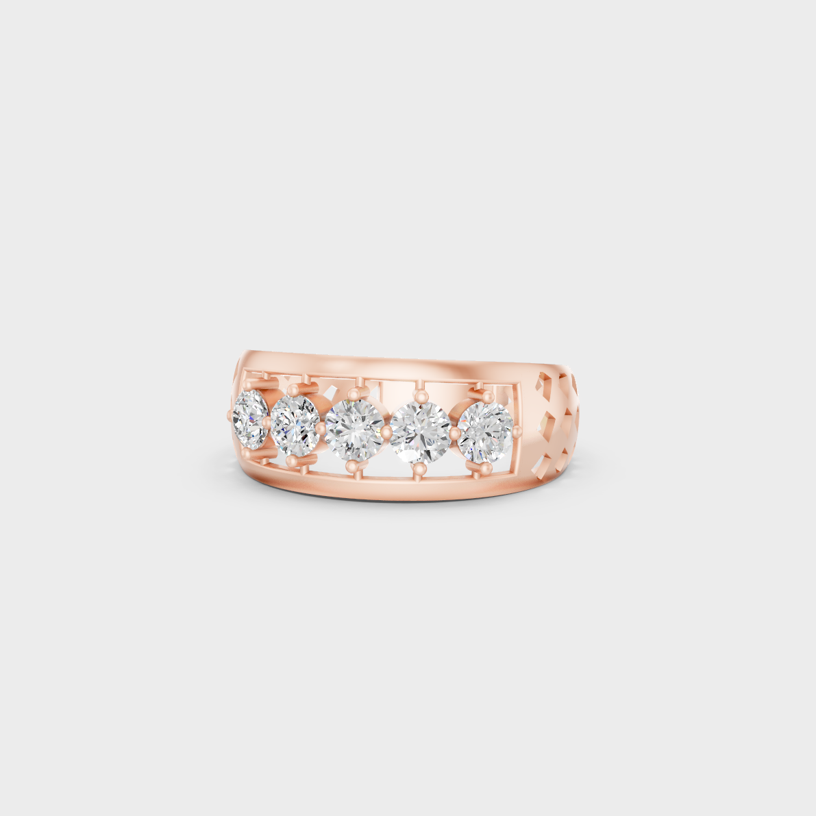 A romantic profile of the 0.67 Carat Round Cut Lab-Grown Diamond Band in blush 14K Rose Gold.