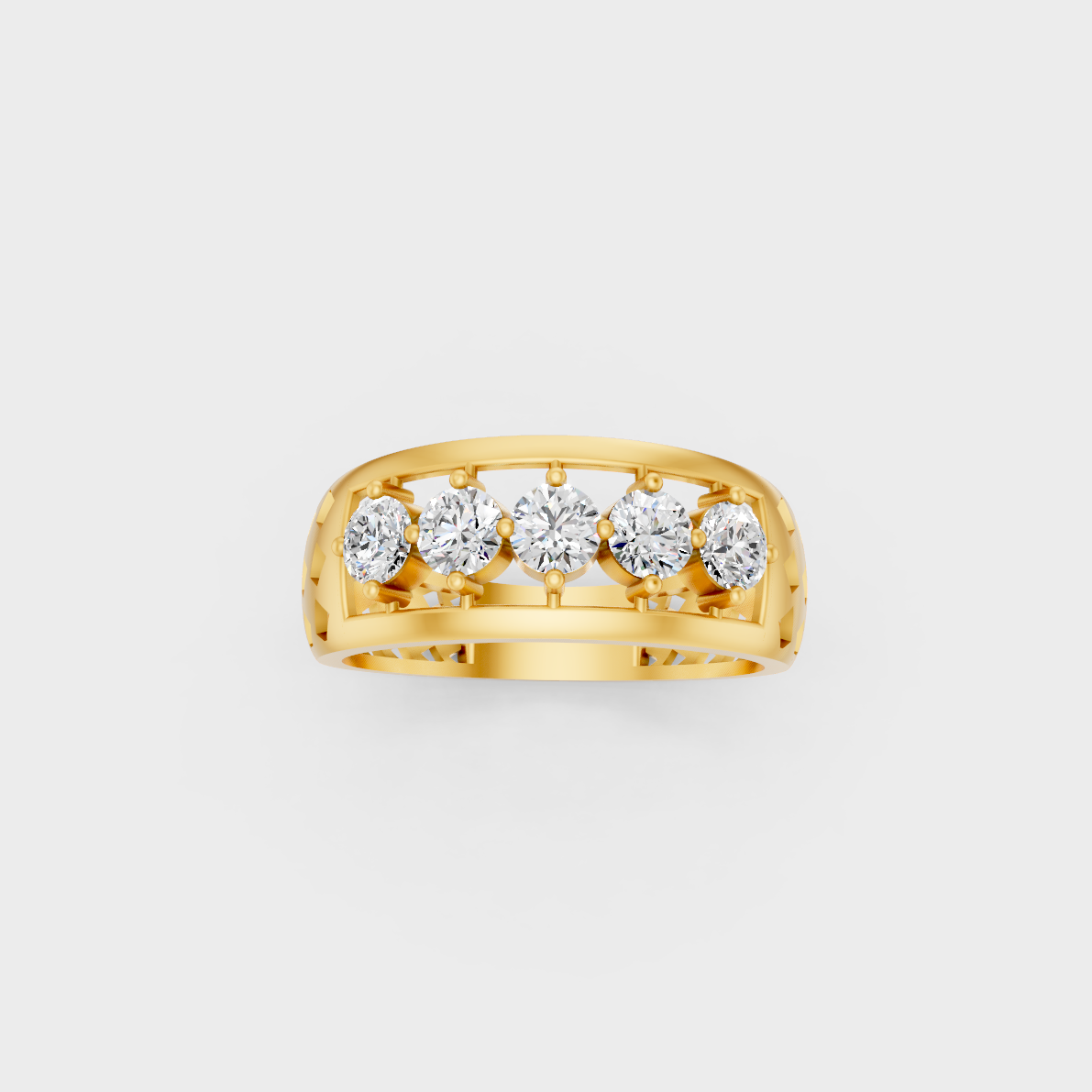 Side profile of an Ethical Luxury Wedding Band showcasing Round Brilliant Lab Diamonds on an 18K Yellow Gold Setting.