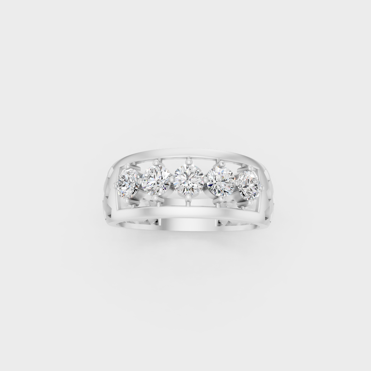 Front view of an Ethical Luxury Diamond Ring with Round Brilliant Diamonds secured in 14K White Gold.