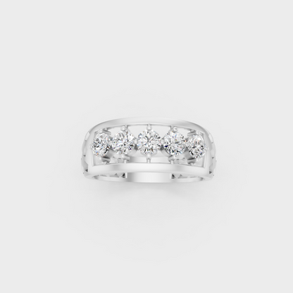 Front view of an Ethical Luxury Diamond Ring with Round Brilliant Diamonds secured in 14K White Gold.