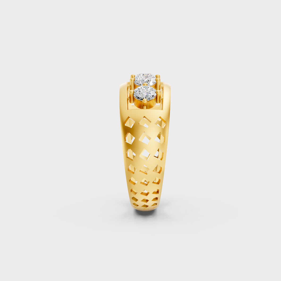 Top-down macro photo of a Sustainable 0.67 Carat Round Diamond Band set in classic 18K Yellow Gold.