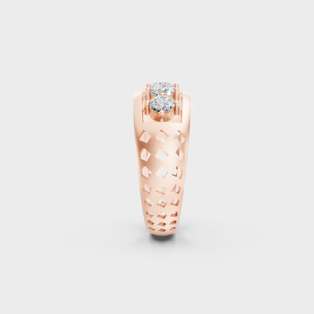 A Sustainable Lab-Created Diamond Wedding Band catching the light on a warm 18K Rose Gold Band.