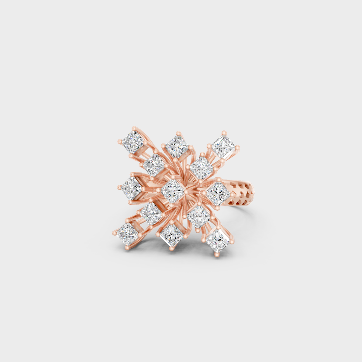A romantic profile of the 2.21 Carat Princess Cut Lab-Grown Diamond Cocktail Ring in blush 14K Rose Gold.