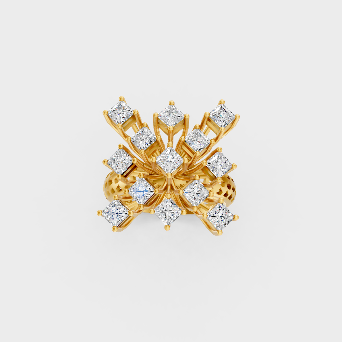 Side profile of an Ethical Luxury Statement Ring showcasing a Princess Cut Lab Diamond on an 18K Yellow Gold Band.