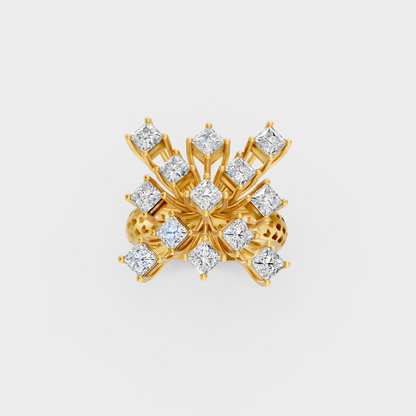 Side profile of an Ethical Luxury Statement Ring showcasing a Princess Cut Lab Diamond on an 18K Yellow Gold Band.