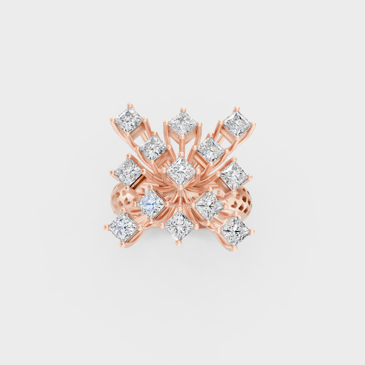 Elegant Princess Cut Lab Diamond Cocktail Ring exhibiting Ethical Luxury on an 18K Rose Gold Band.