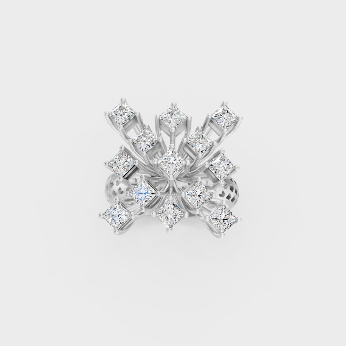 Front view of an Ethical Luxury Statement Ring with a Princess Cut Diamond secured in 14K White Gold.